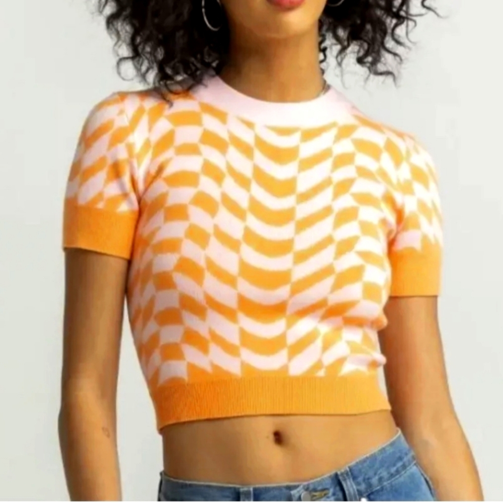 RSQ Cropped Knit Sweater Top Short Sleeve Orange and Pink Checkered XXL Tillys